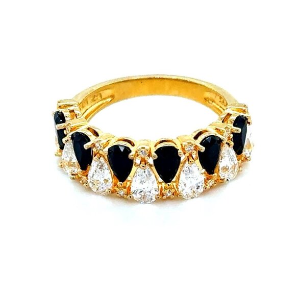 925 Gold Vermeil Alternating Black/White Cz Ring - Picture 1 of 11